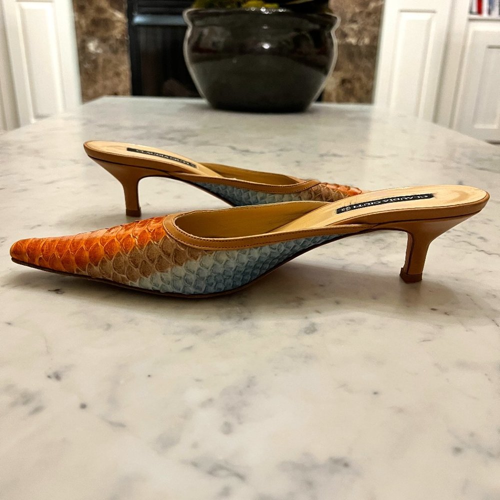 Like new! Gorgeous Claudia Ciuti Blue Brown Tan Snakeskin Leather Mules 7
